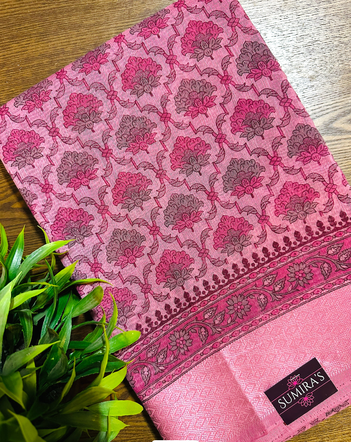Pink Chanderi Cotton Floral Printed Saree