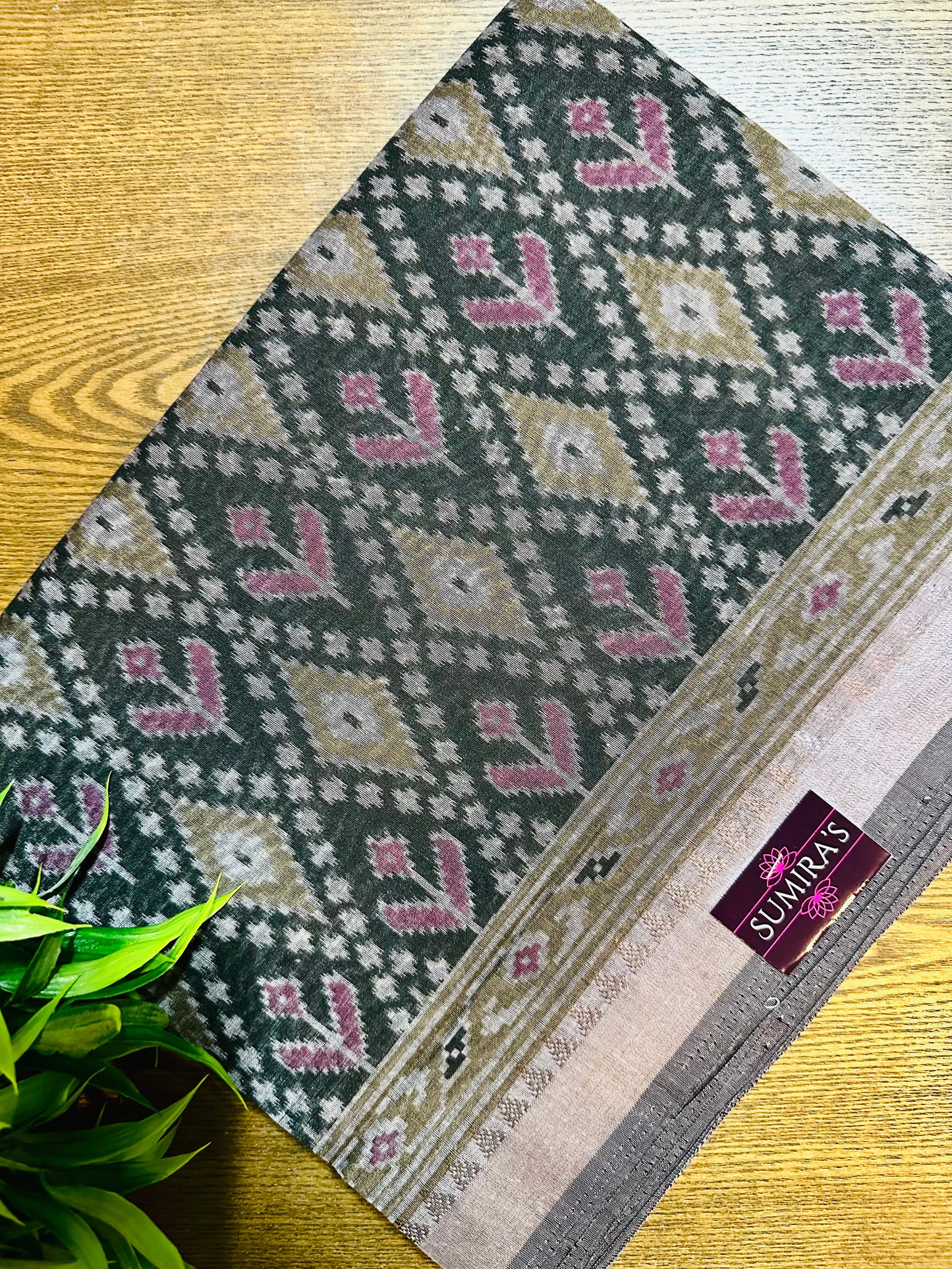 Dark Grey Chanderi Cotton Ikkat Printed Saree