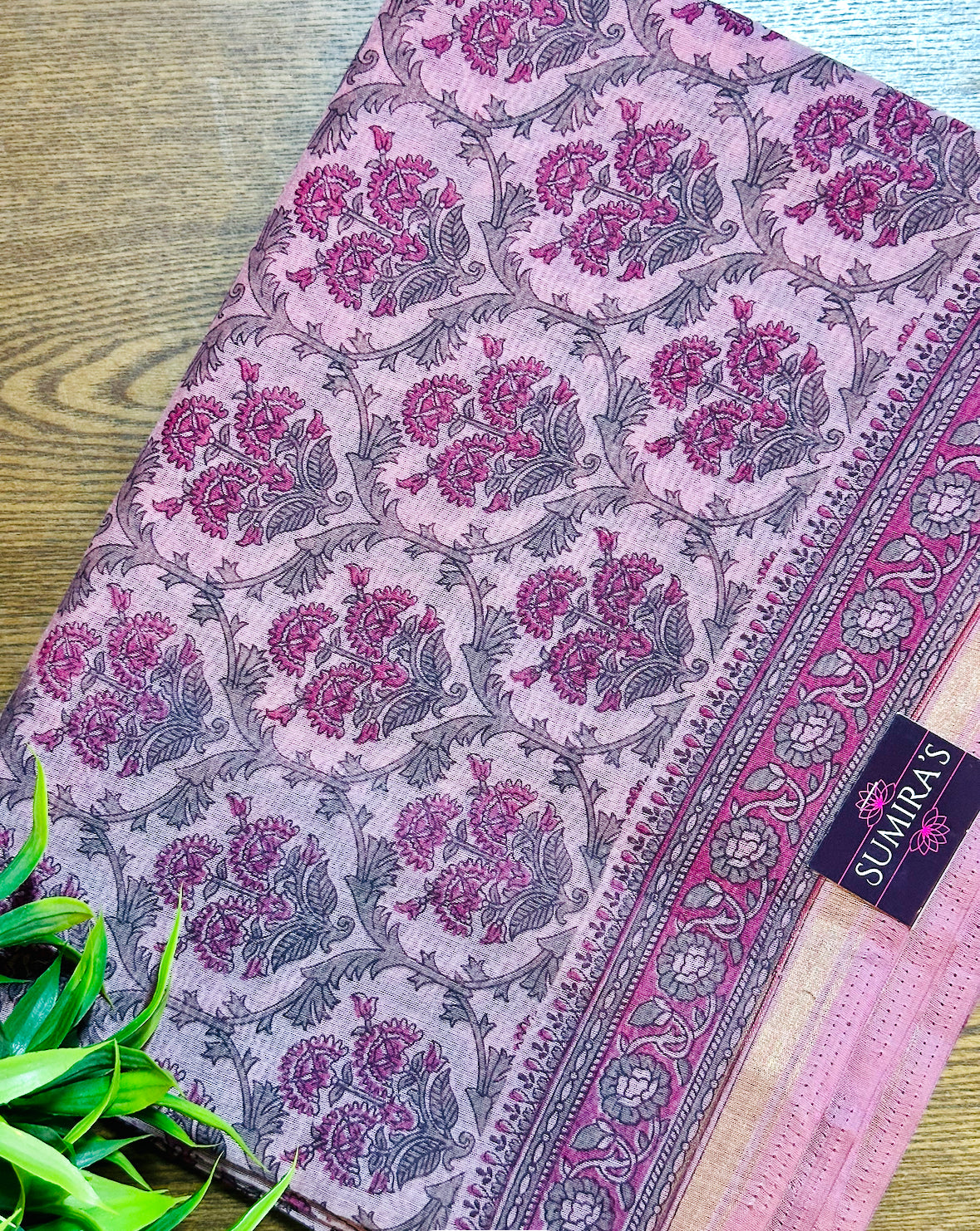 Pink Chanderi Cotton Floral Printed Saree