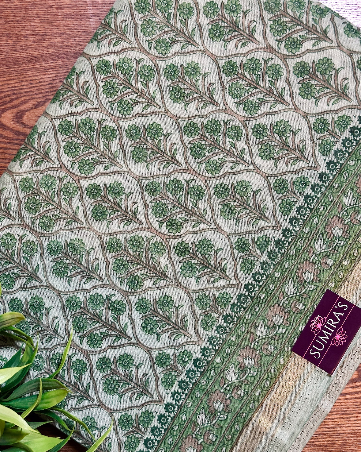 Green Chanderi Cotton Floral Printed Saree