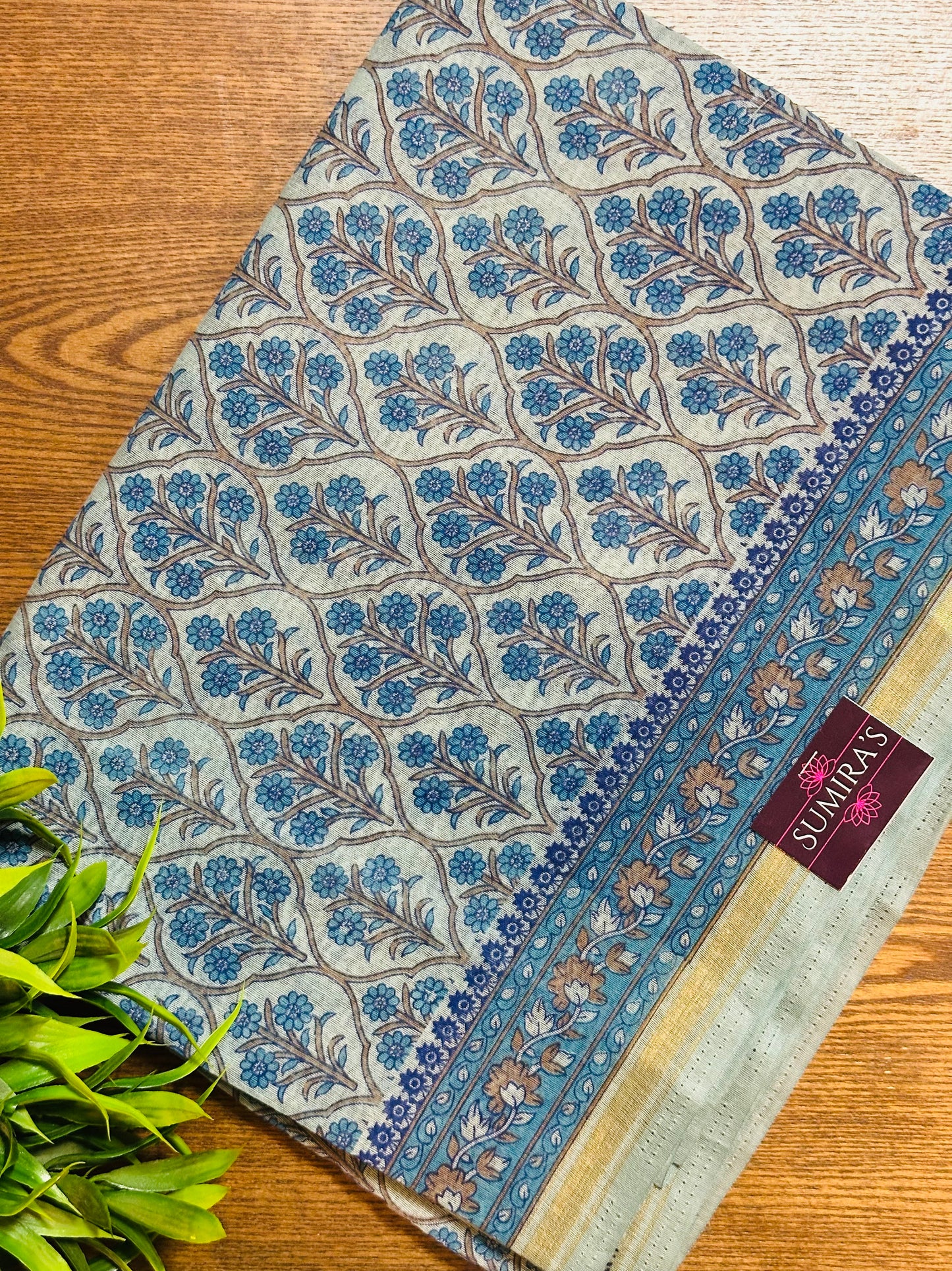 Blue Chanderi Cotton Floral Printed Saree