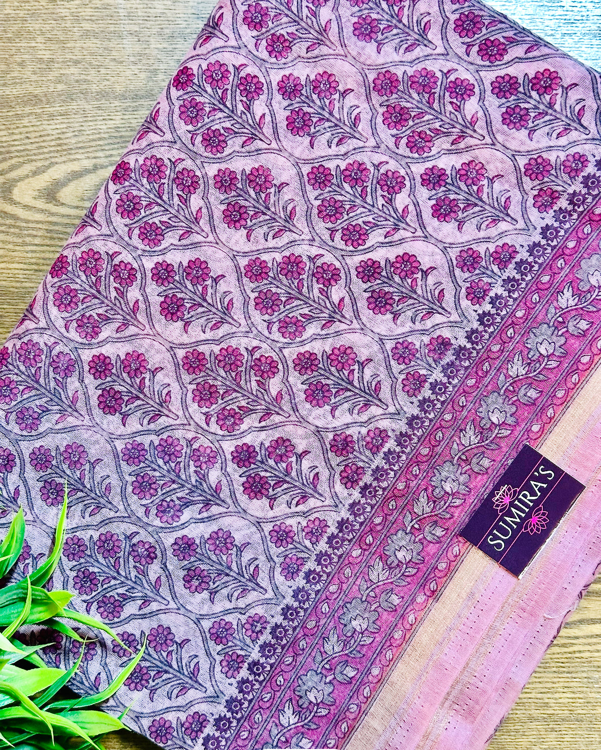 Pink Chanderi Cotton Floral Printed Saree