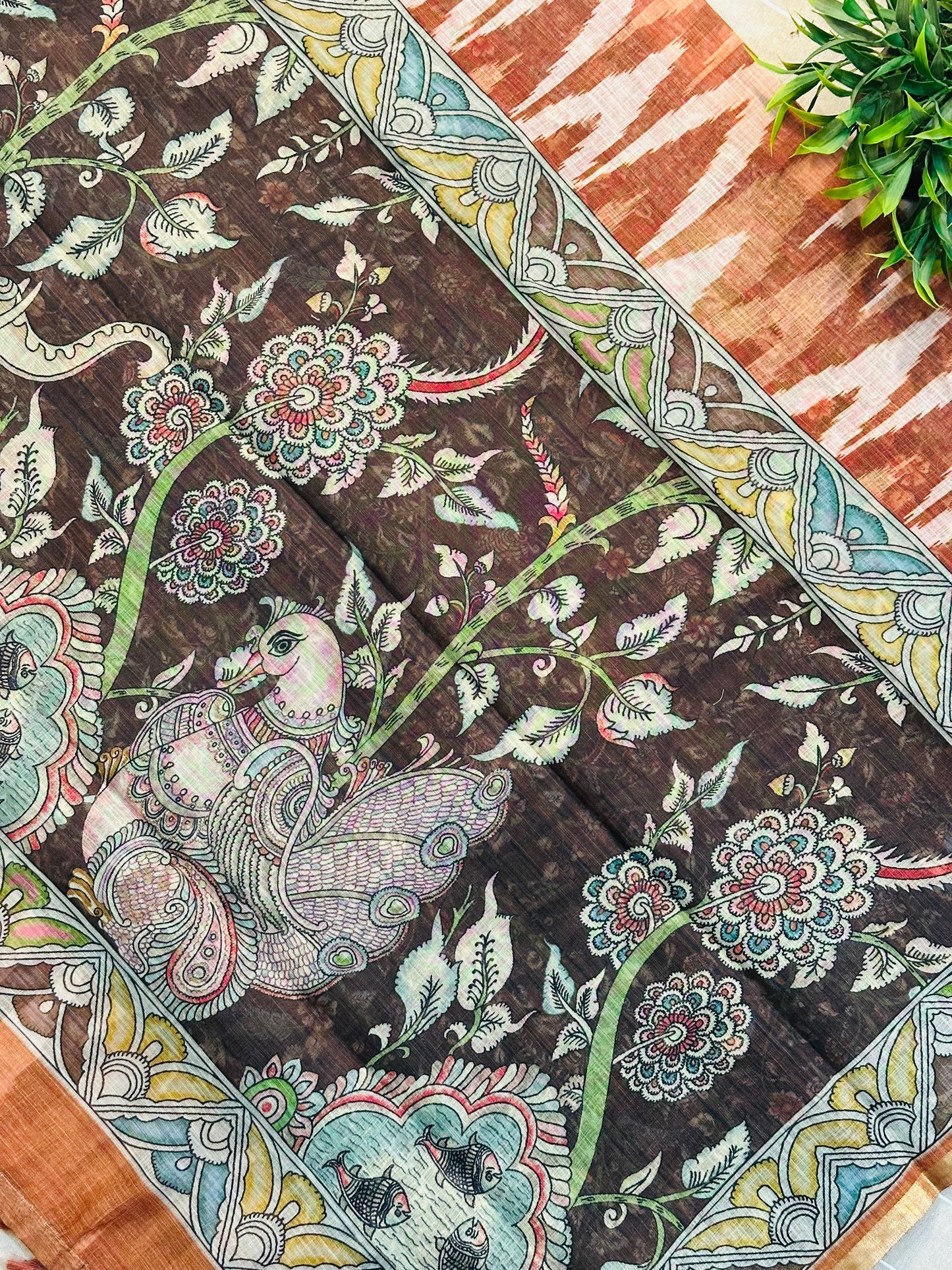Brown Linen Cotton Ikkat Printed Saree