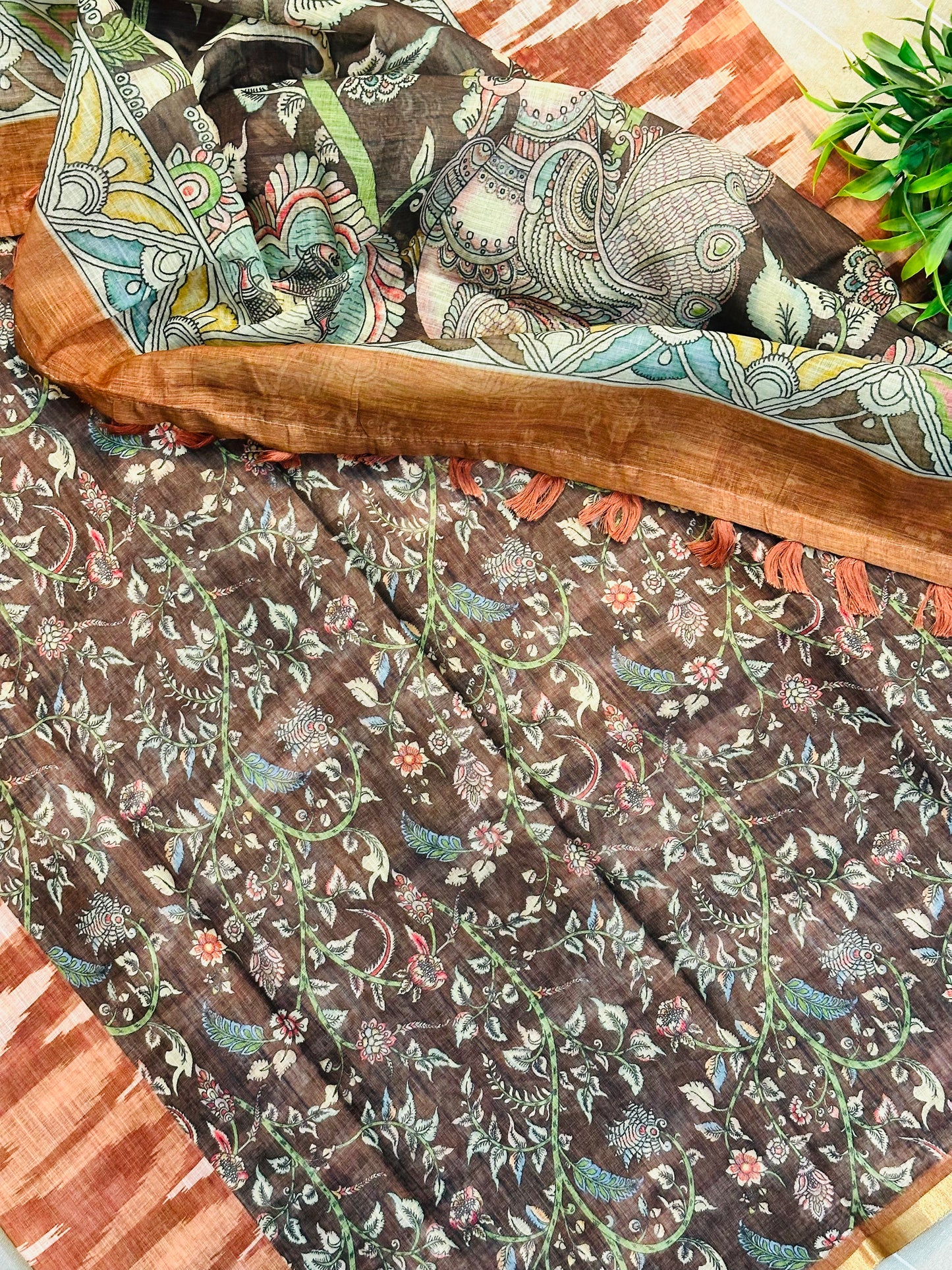 Brown Linen Cotton Ikkat Printed Saree
