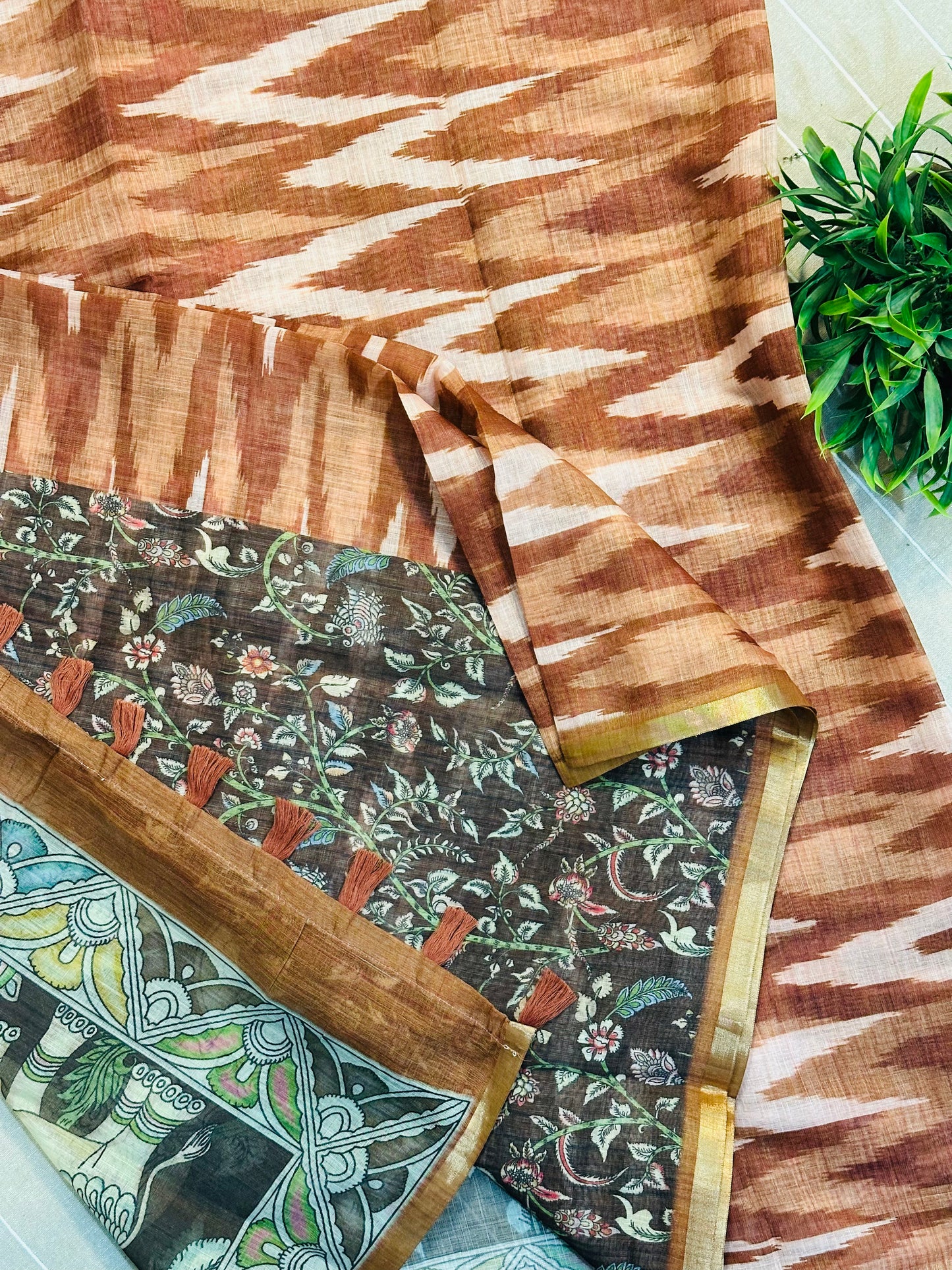 Brown Linen Cotton Ikkat Printed Saree