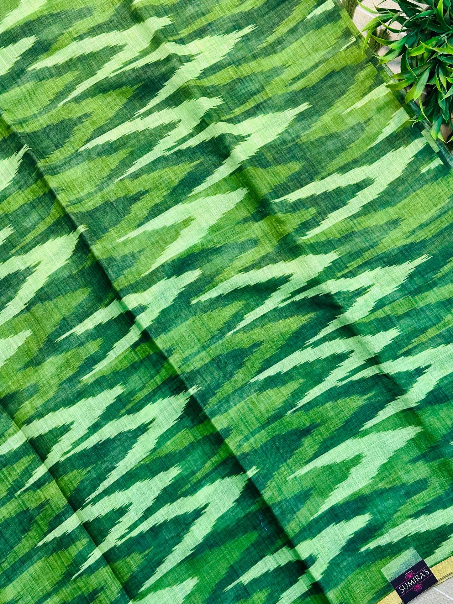 Green Linen Cotton Ikkat Printed Saree