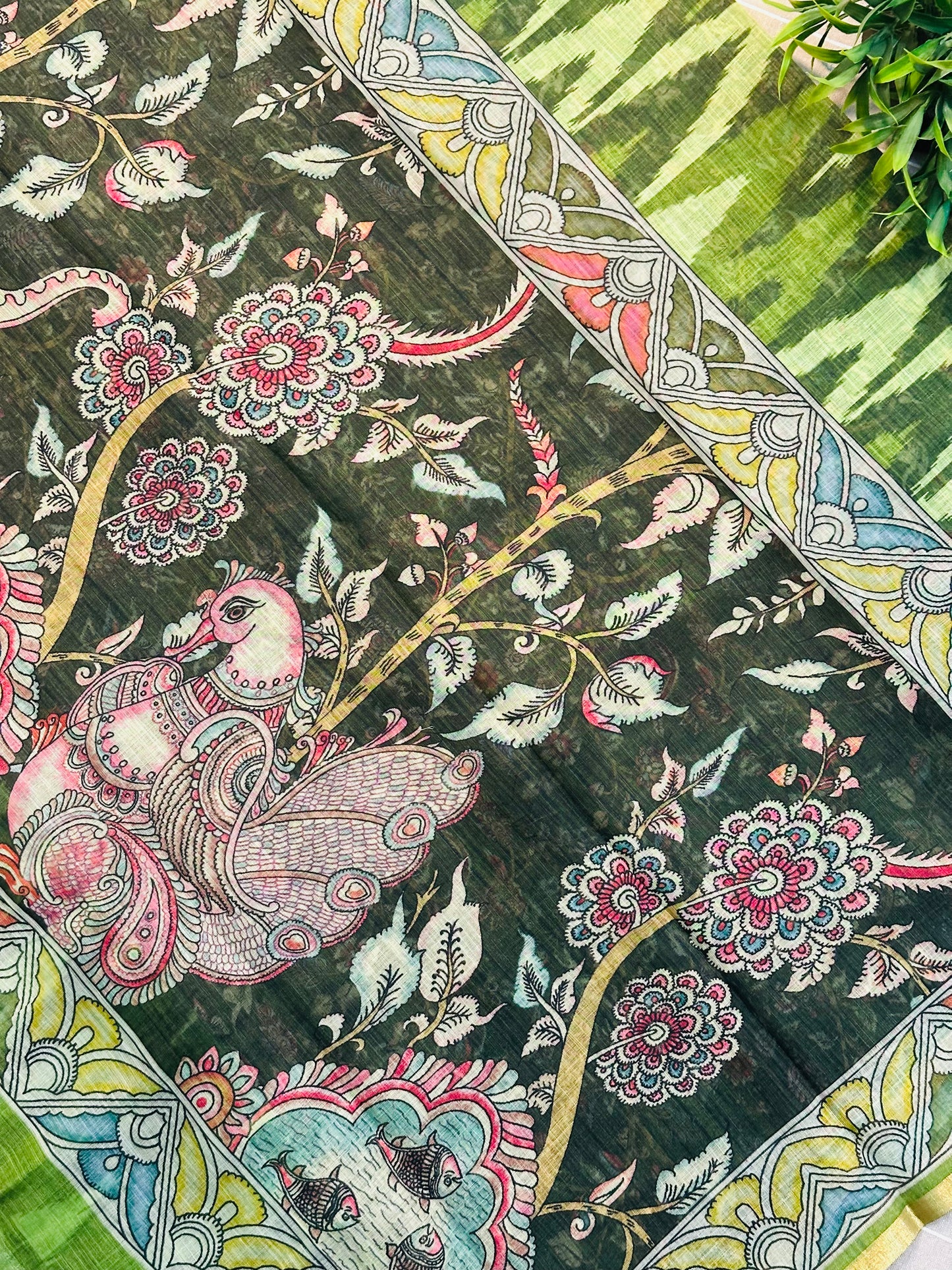 Green Linen Cotton Ikkat Printed Saree