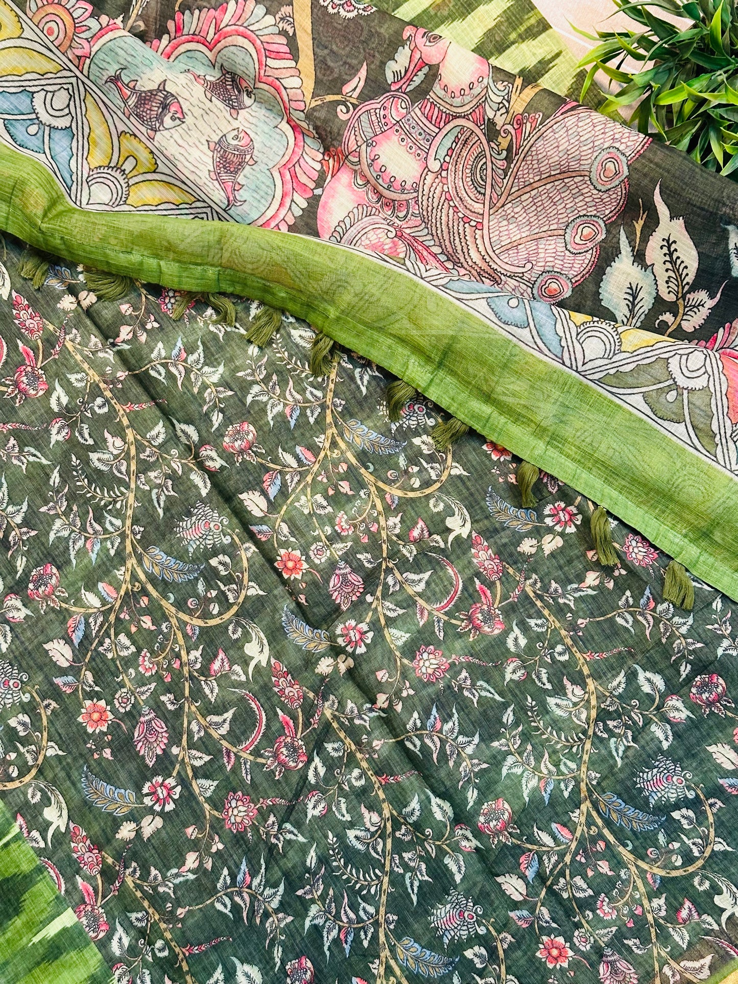 Green Linen Cotton Ikkat Printed Saree