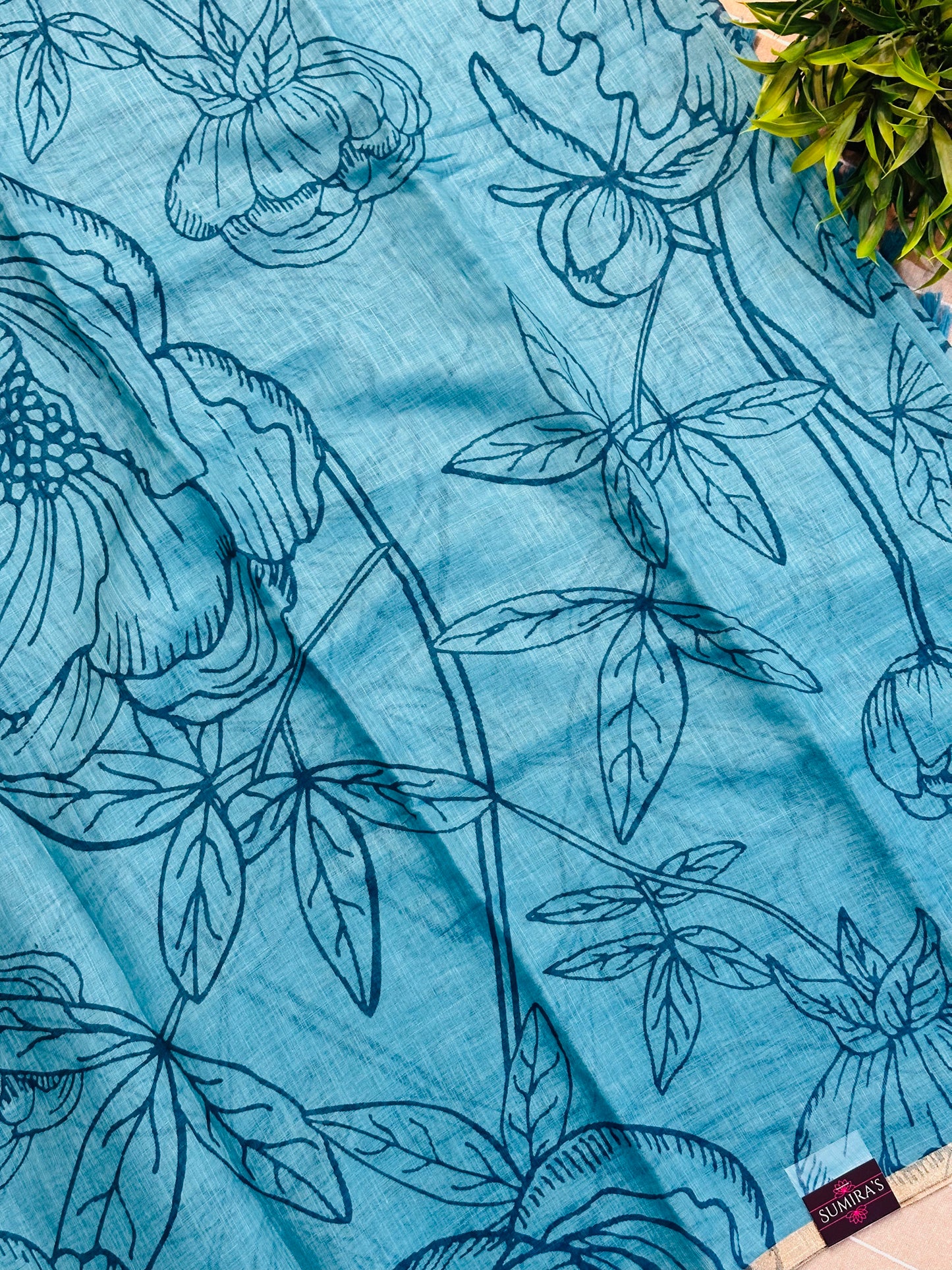 Blue Linen Cotton Ikkat Printed Saree