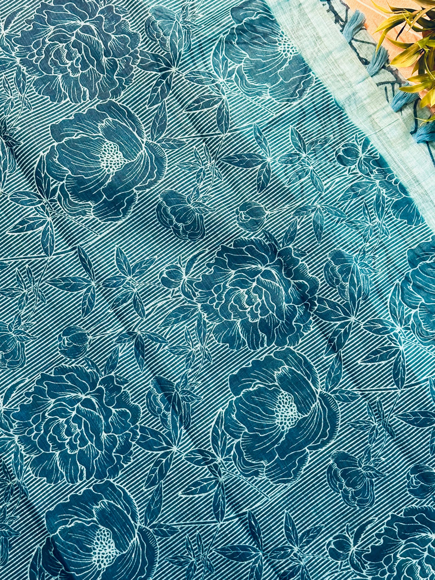 Blue Linen Cotton Ikkat Printed Saree