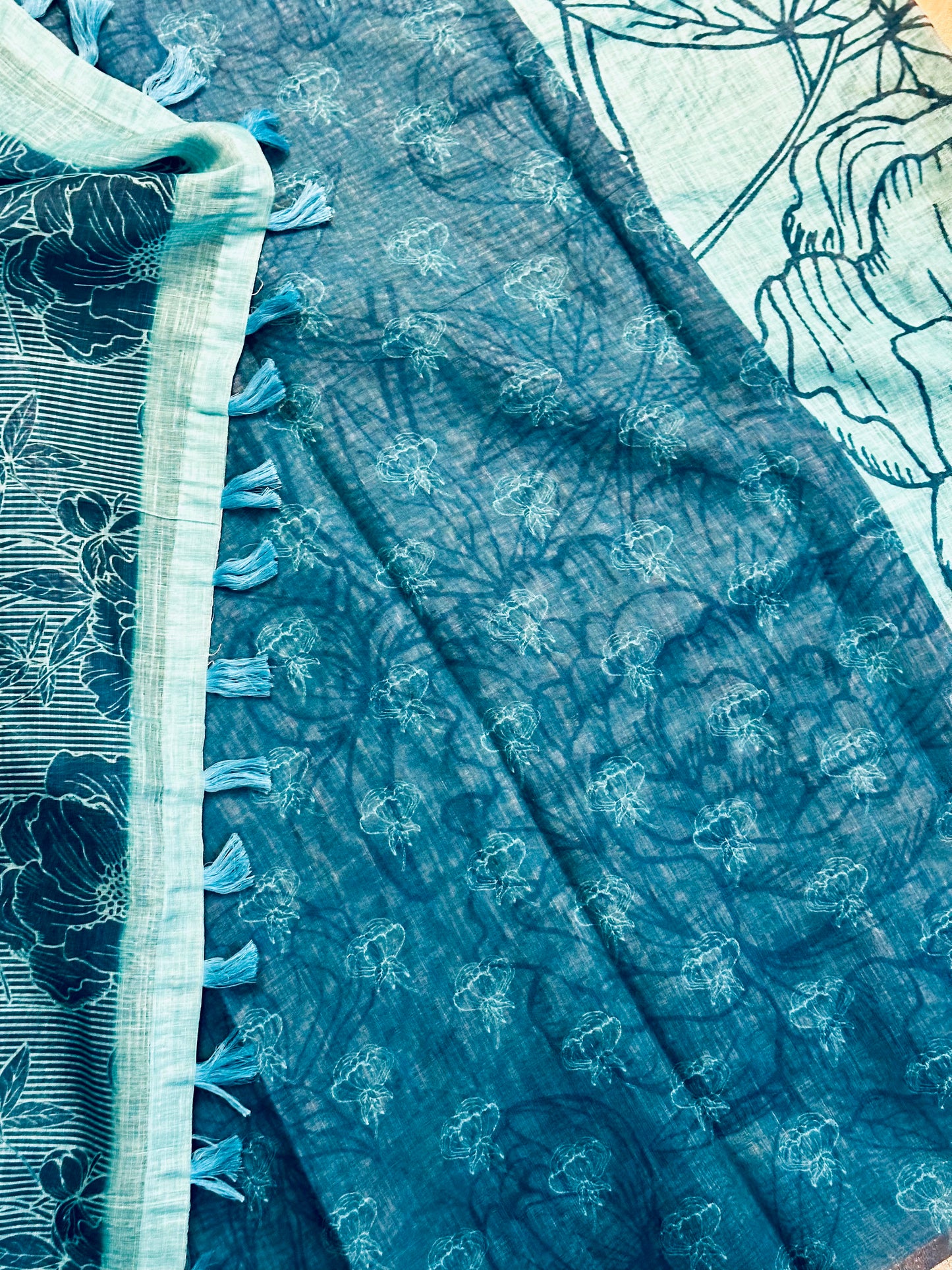 Blue Linen Cotton Ikkat Printed Saree