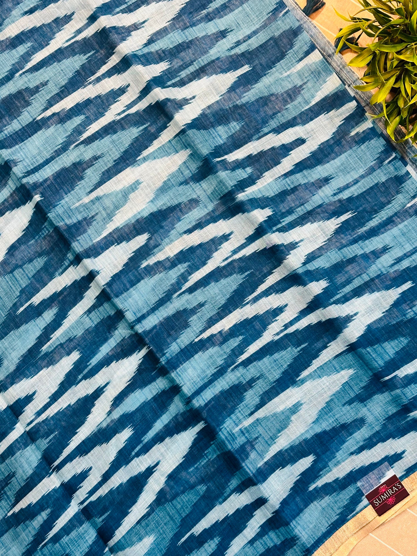 Navy Blue Linen Cotton Ikkat Printed Saree