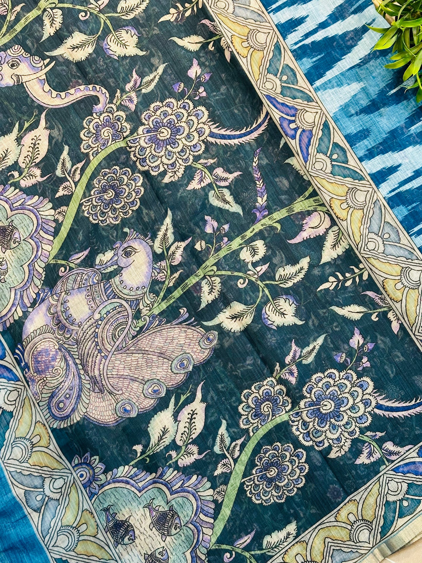 Navy Blue Linen Cotton Ikkat Printed Saree