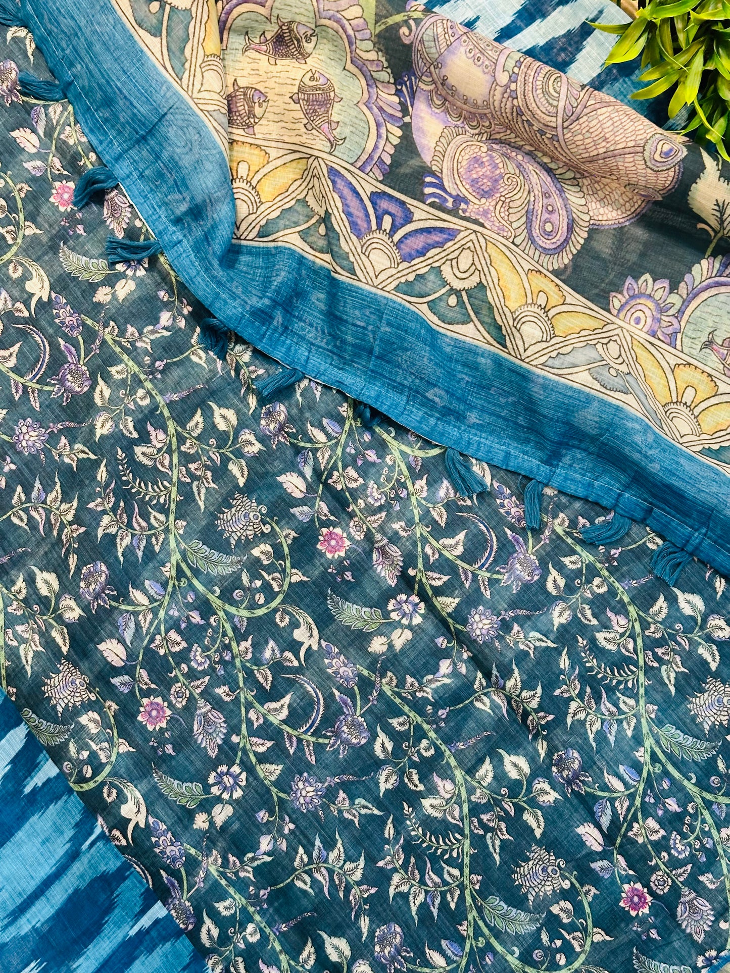 Navy Blue Linen Cotton Ikkat Printed Saree