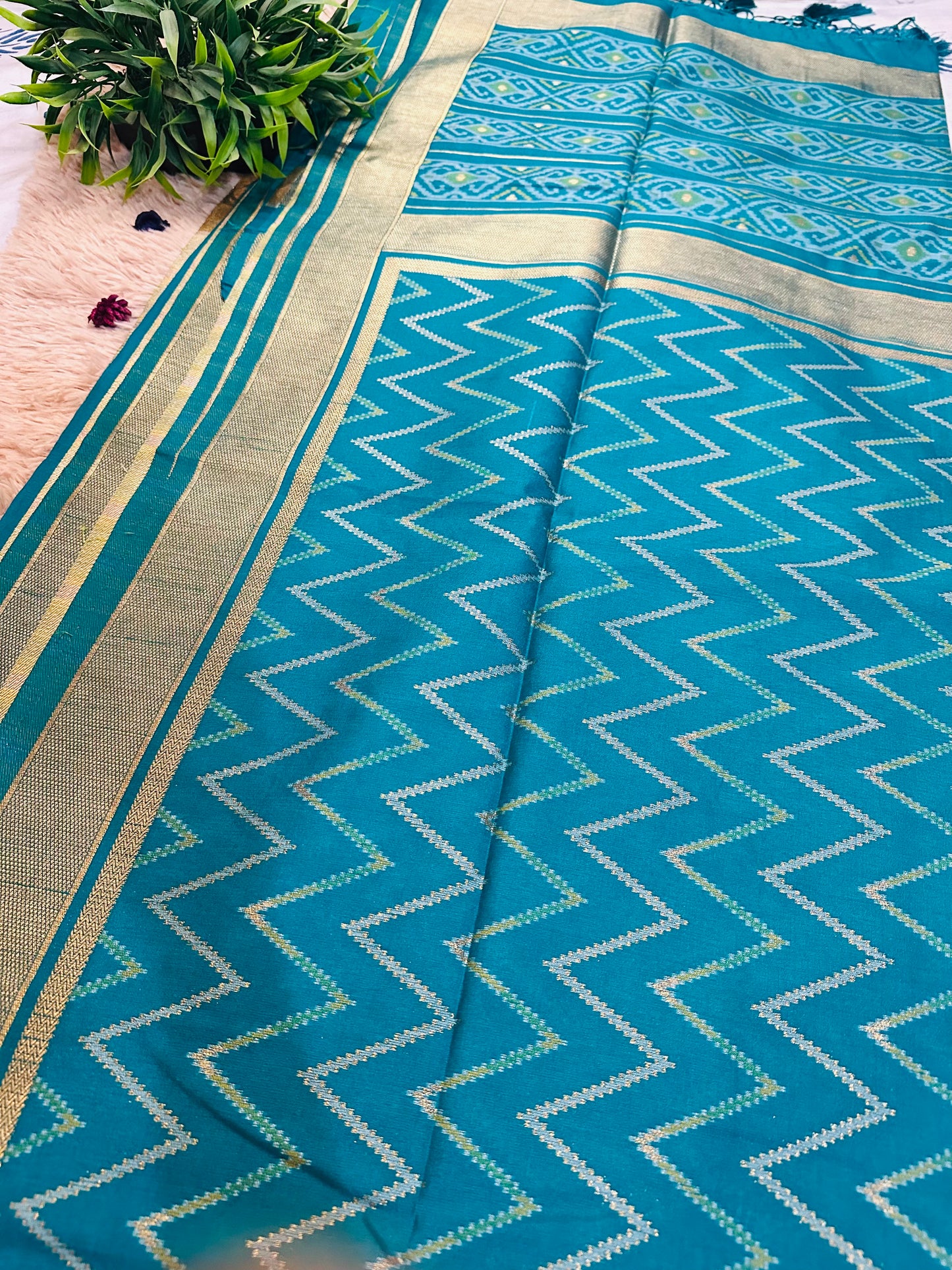 Sky Blue Patola Tussar Silk Saree