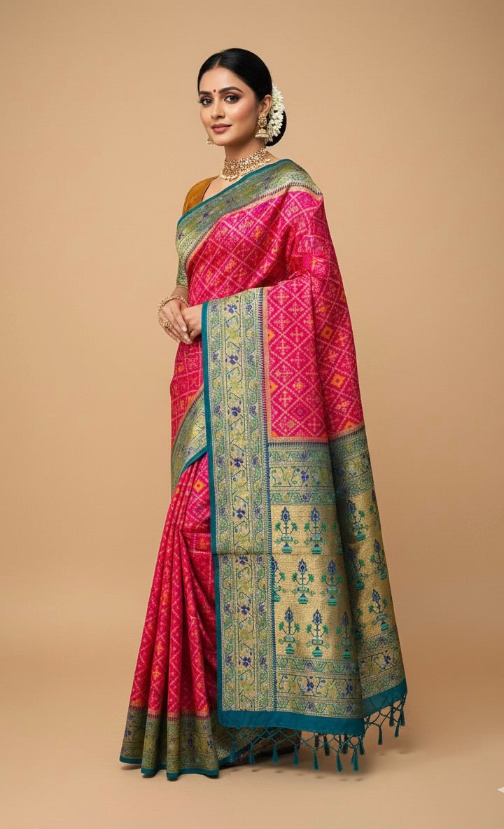 Rani Pink Patola Tussar Silk Saree