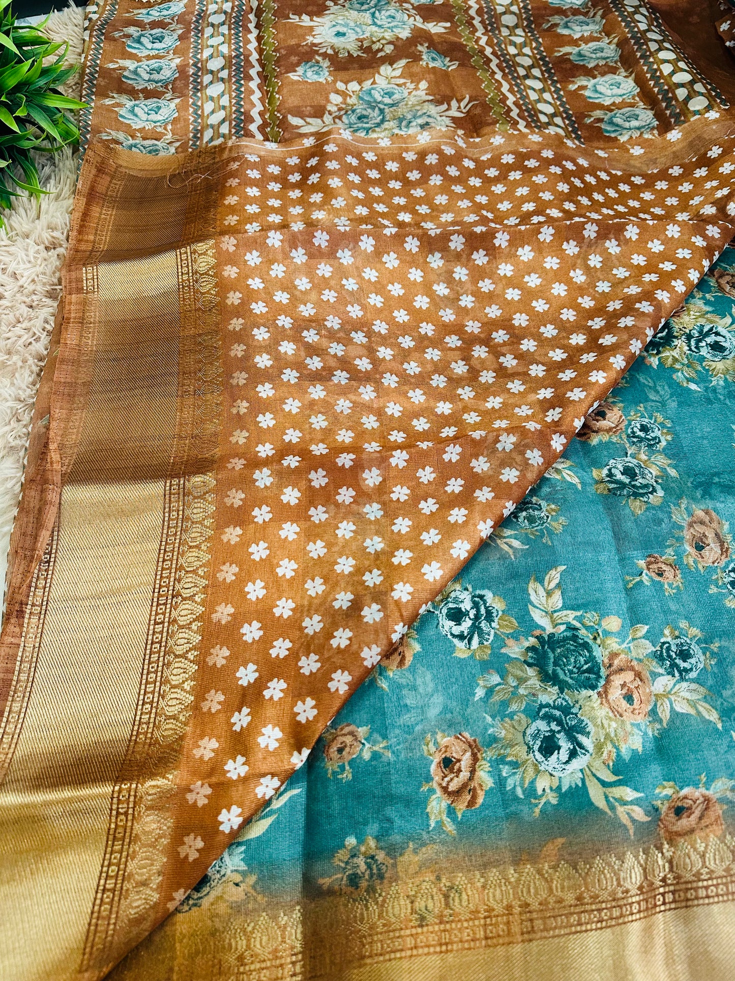 Light Blue Floral Silk Saree