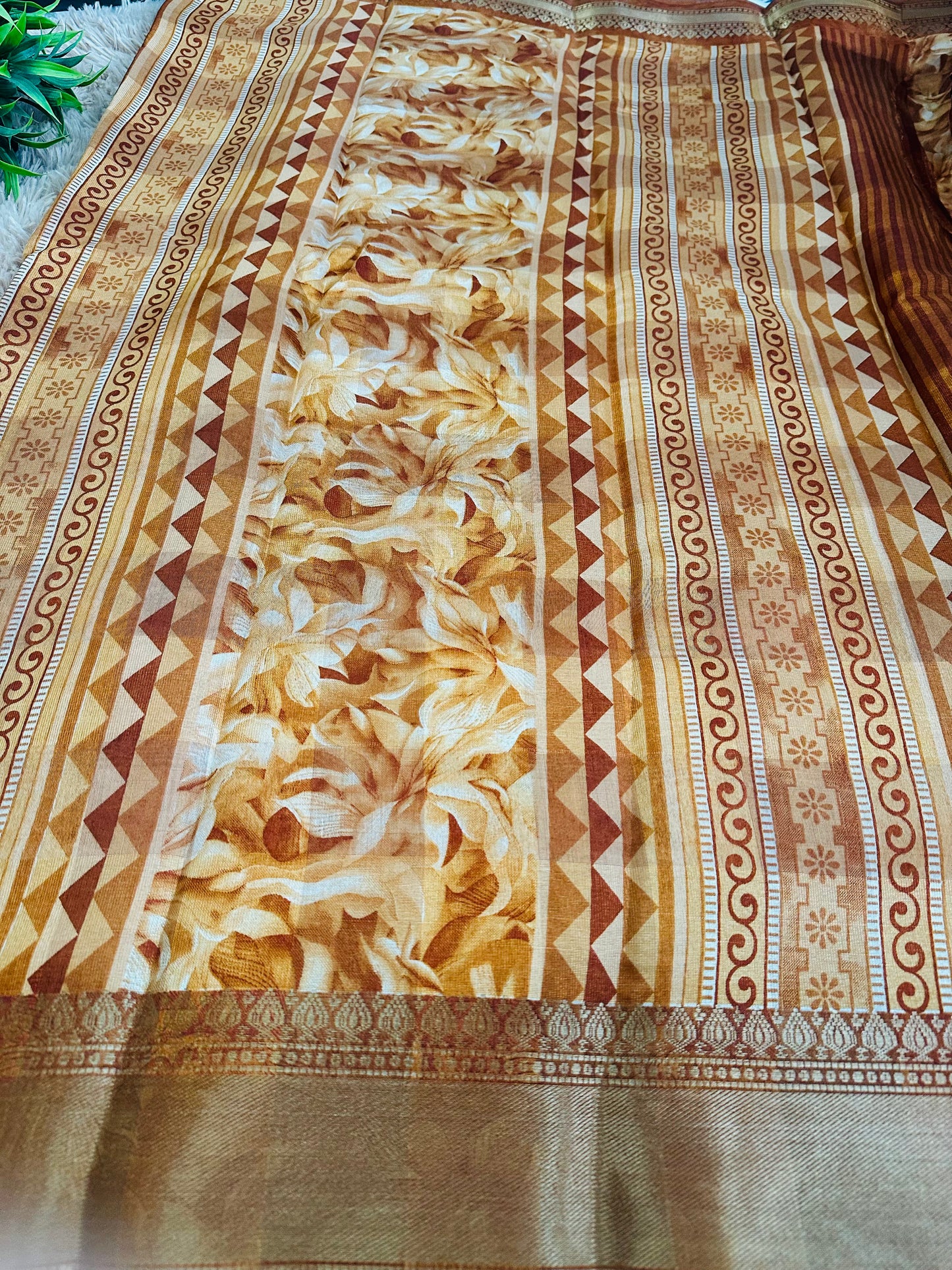 Orange Floral Silk Saree