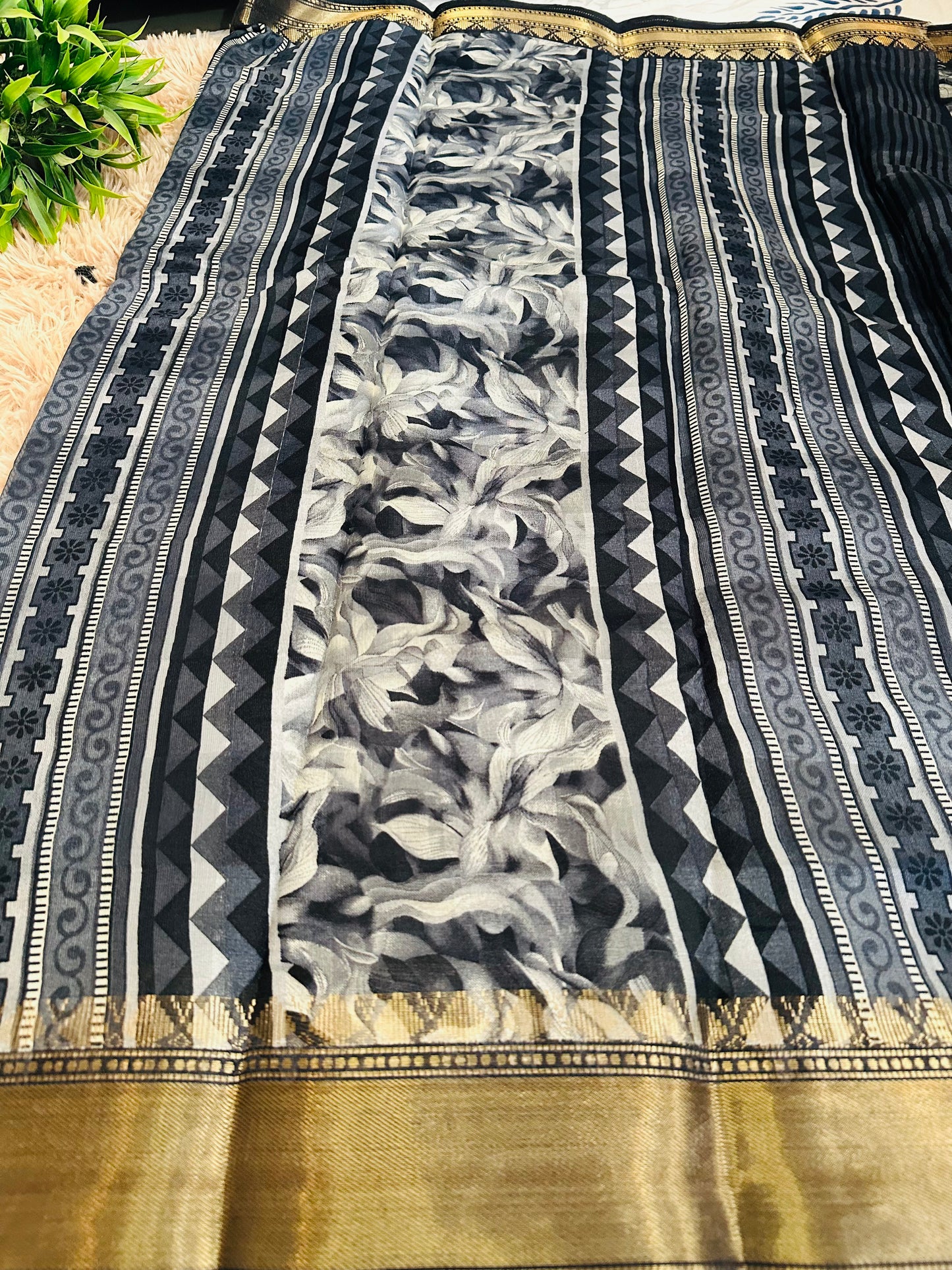 Grey Floral Silk Saree