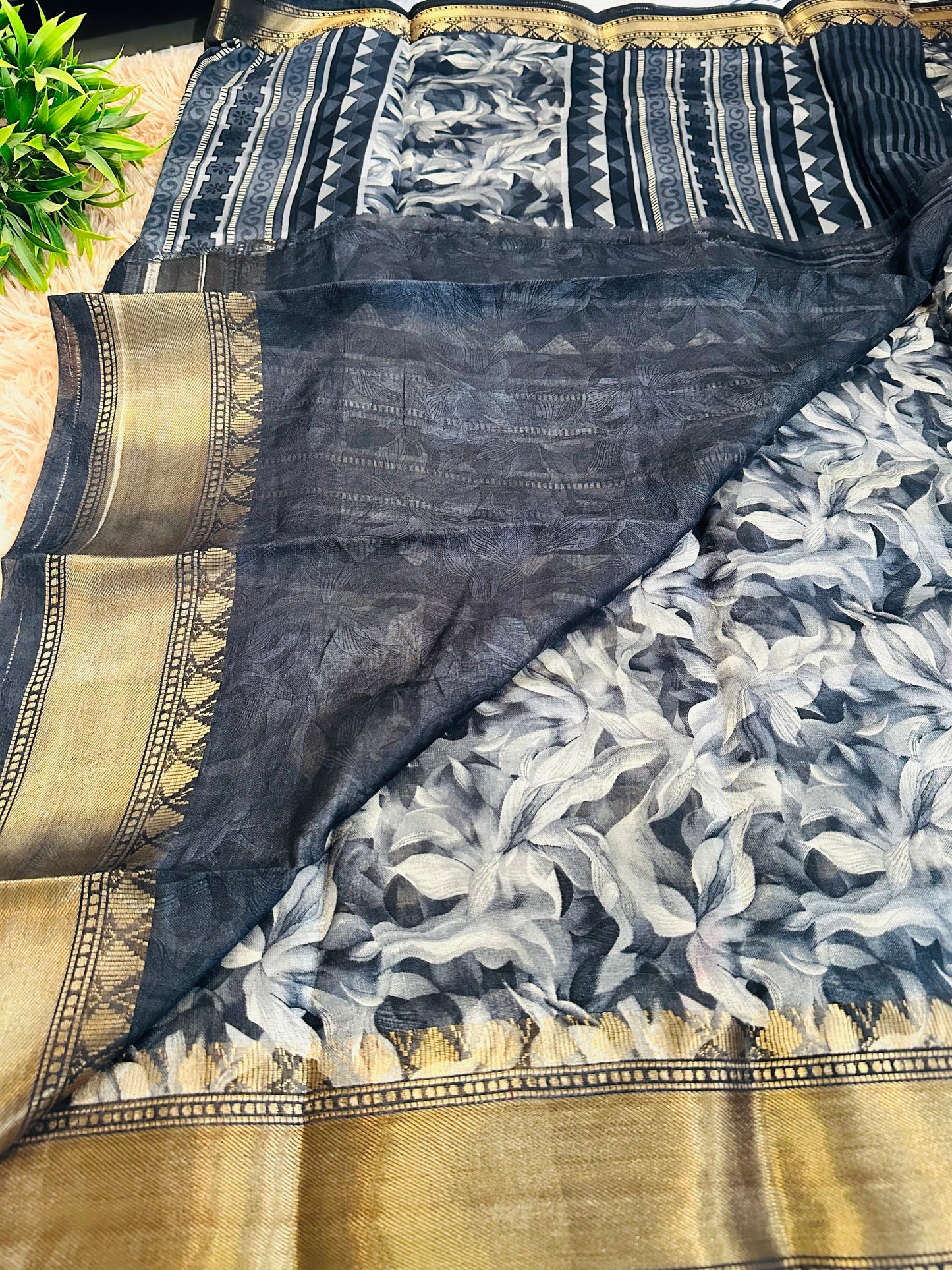 Grey Floral Silk Saree