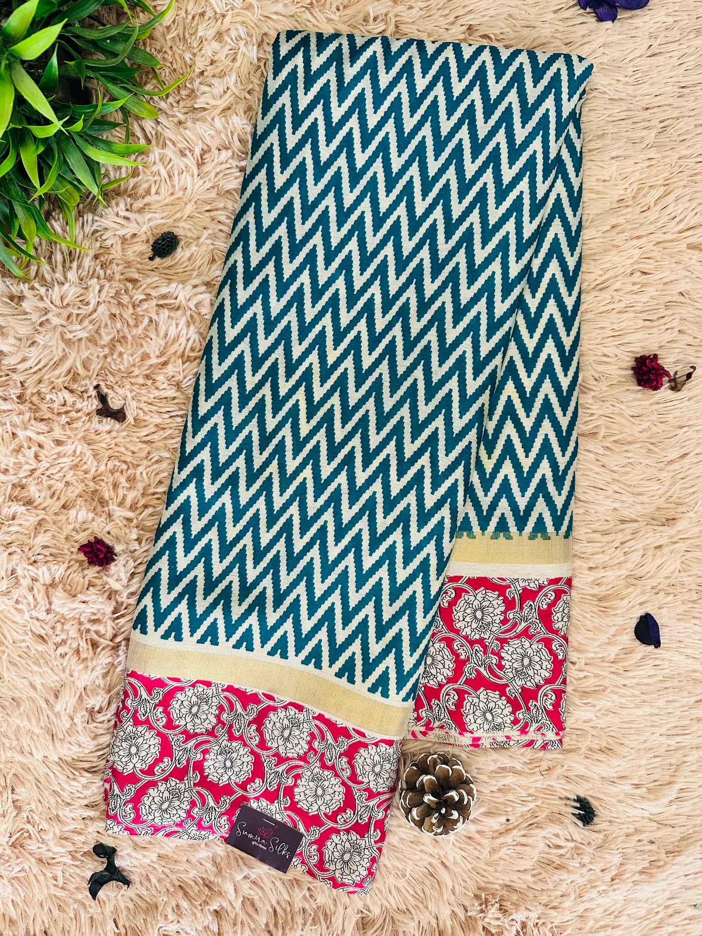 Teal Blue Chirala Cotton Saree