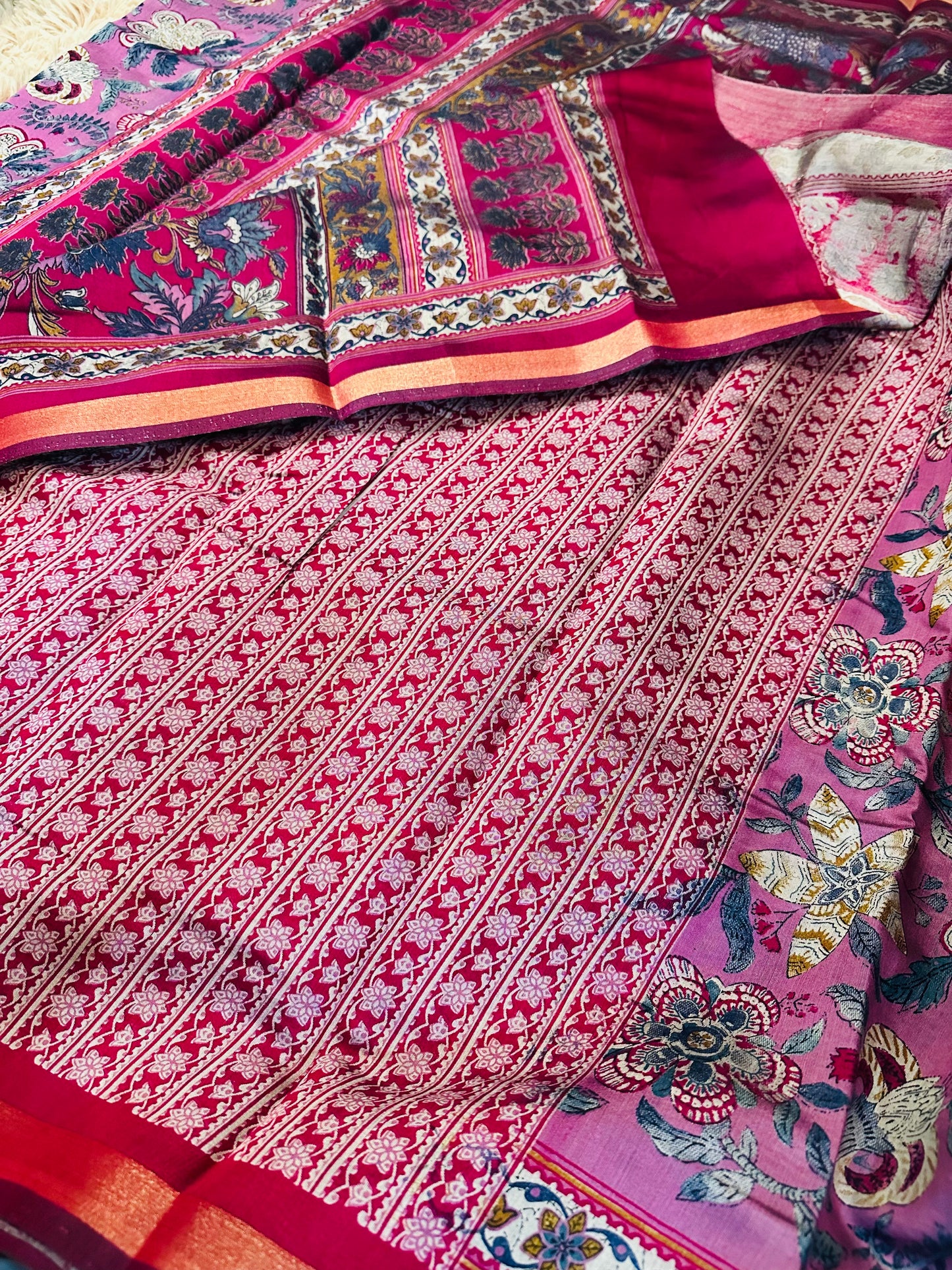 Magenta Pink Floral Maheshwari Cotton Saree