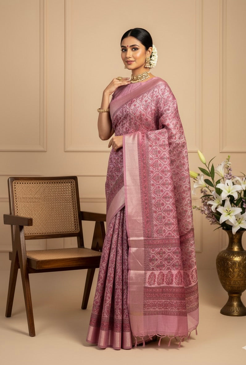 Pink Chanderi Cotton Floral Printed Saree