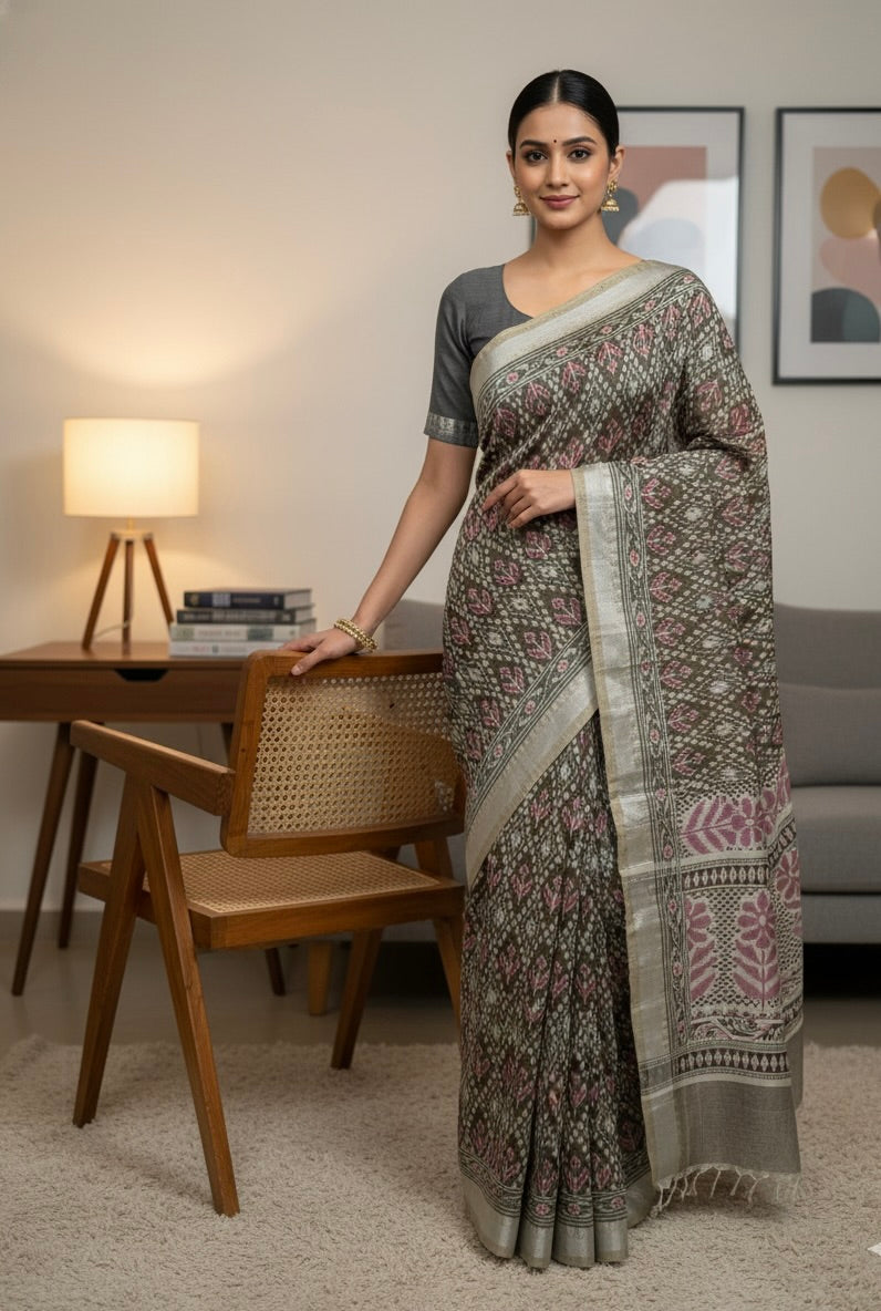 Brown Chanderi Cotton Ikkat Printed Saree