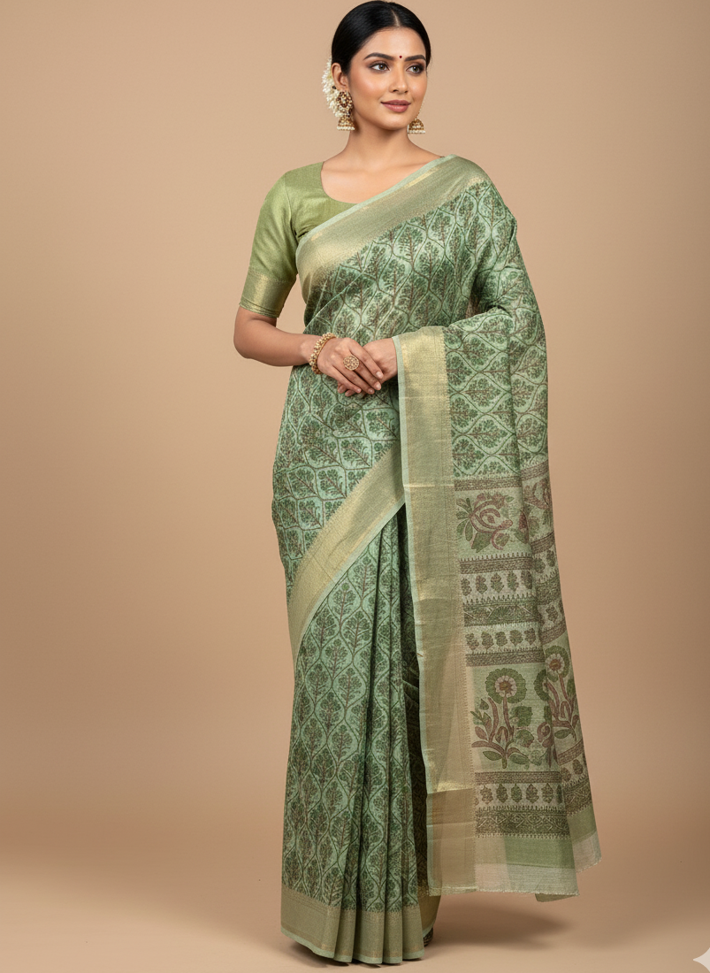 Green Chanderi Cotton Floral Printed Saree