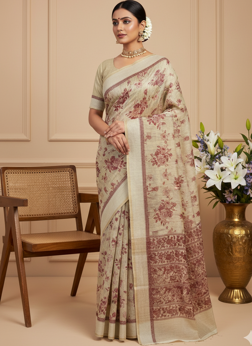 Beige Chanderi Cotton Floral Printed Saree
