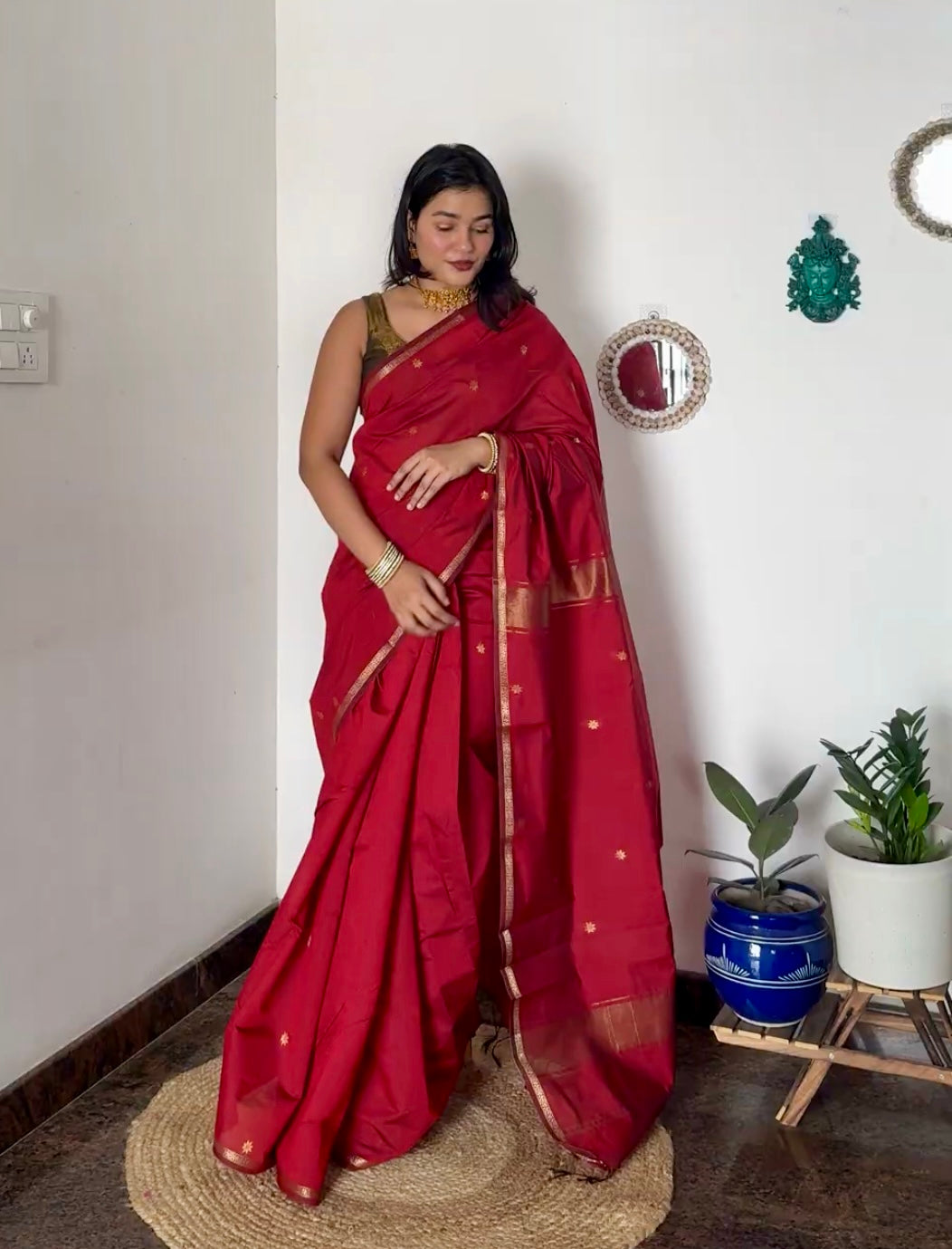 Deep Red Maheshwari Cotton Silk Saree