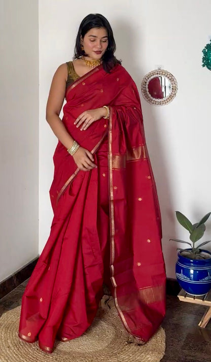 Deep Red Maheshwari Cotton Silk Saree