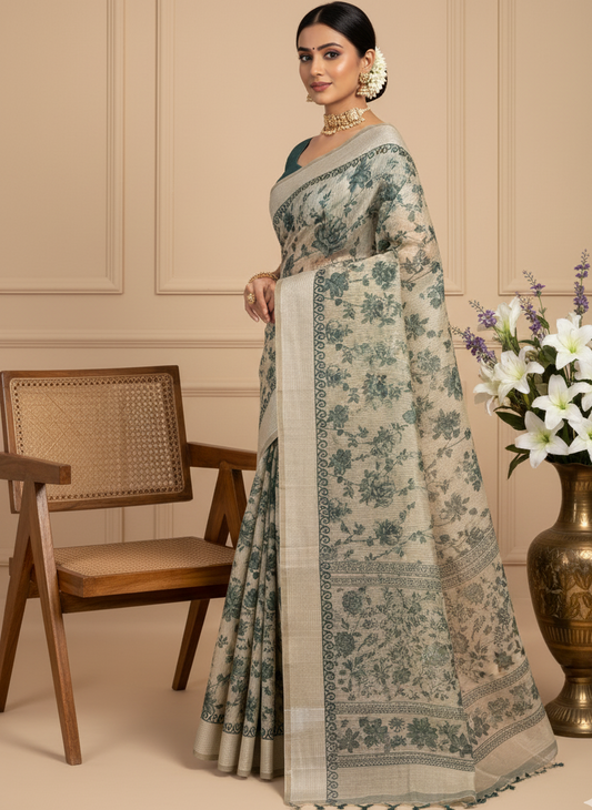 Beige Chanderi Cotton Floral Printed Saree