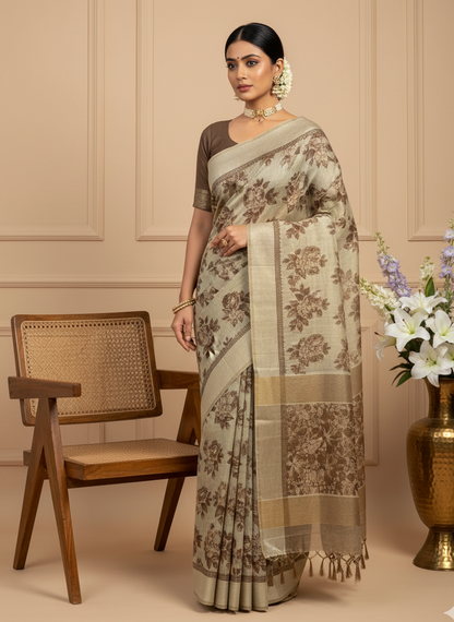 Beige Chanderi Cotton Floral Printed Saree
