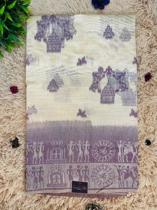 Cream and Purple Warli Art Cotton Silk Saree