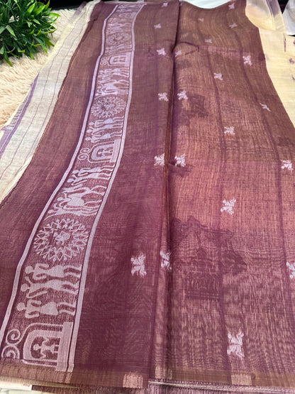 Cream and Purple Warli Art Cotton Silk Saree