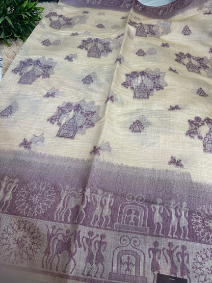 Cream and Purple Warli Art Cotton Silk Saree