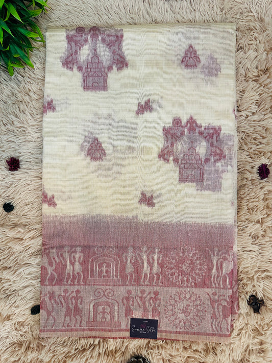 Cream and Red Warli Art Cotton Silk Saree