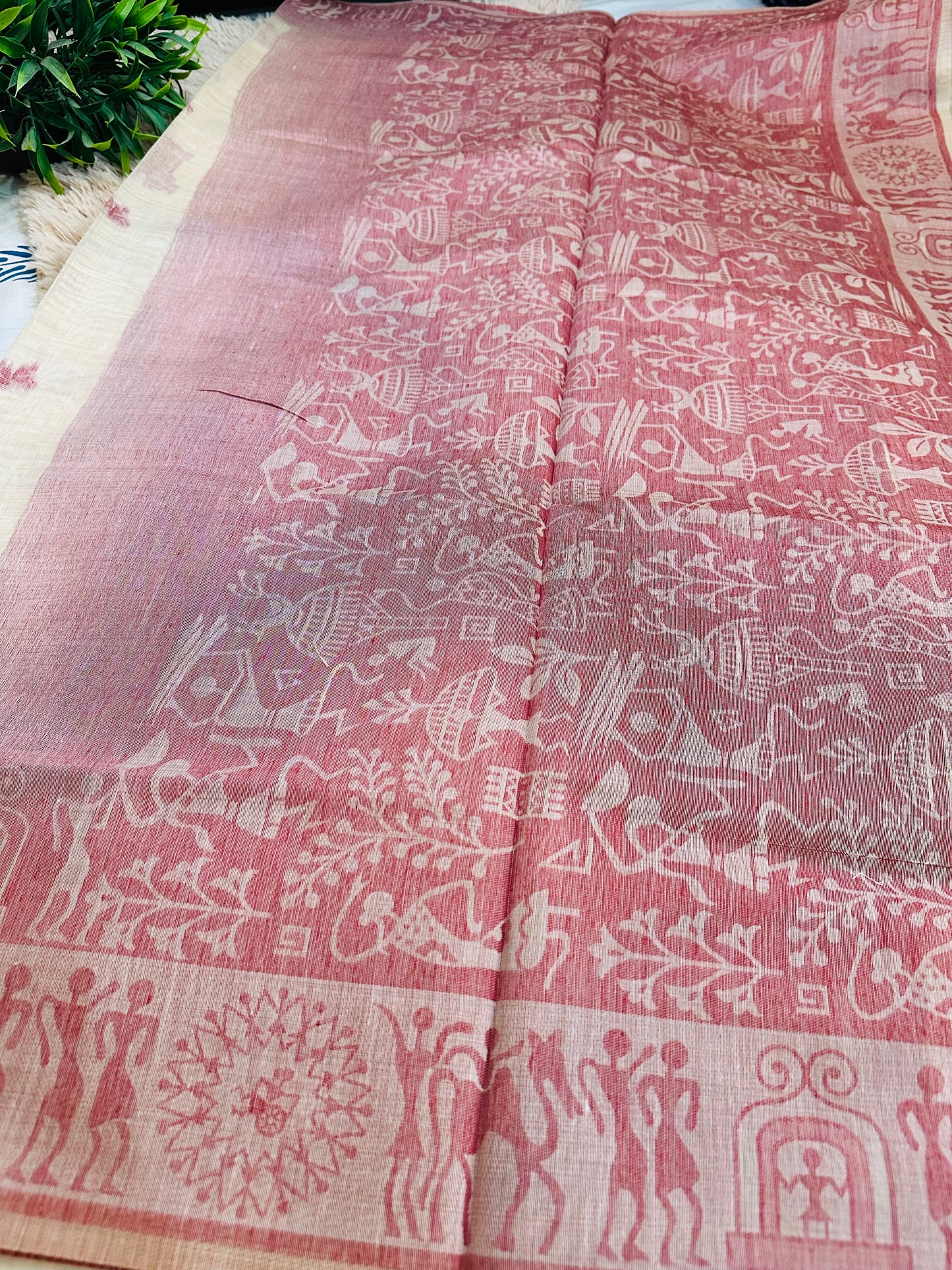 Cream and Red Warli Art Cotton Silk Saree