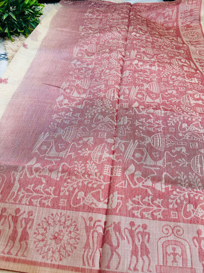 Cream and Red Warli Art Cotton Silk Saree