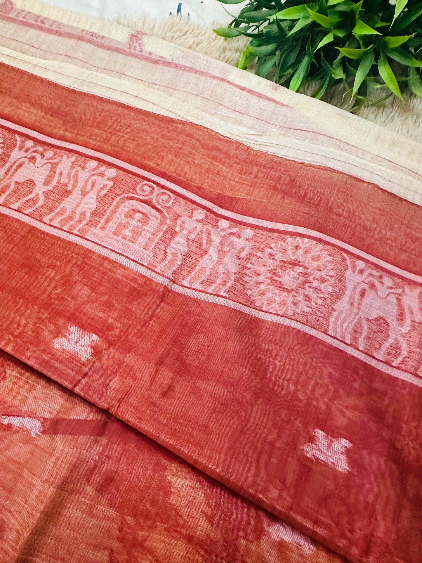 Cream and Red Warli Art Cotton Silk Saree