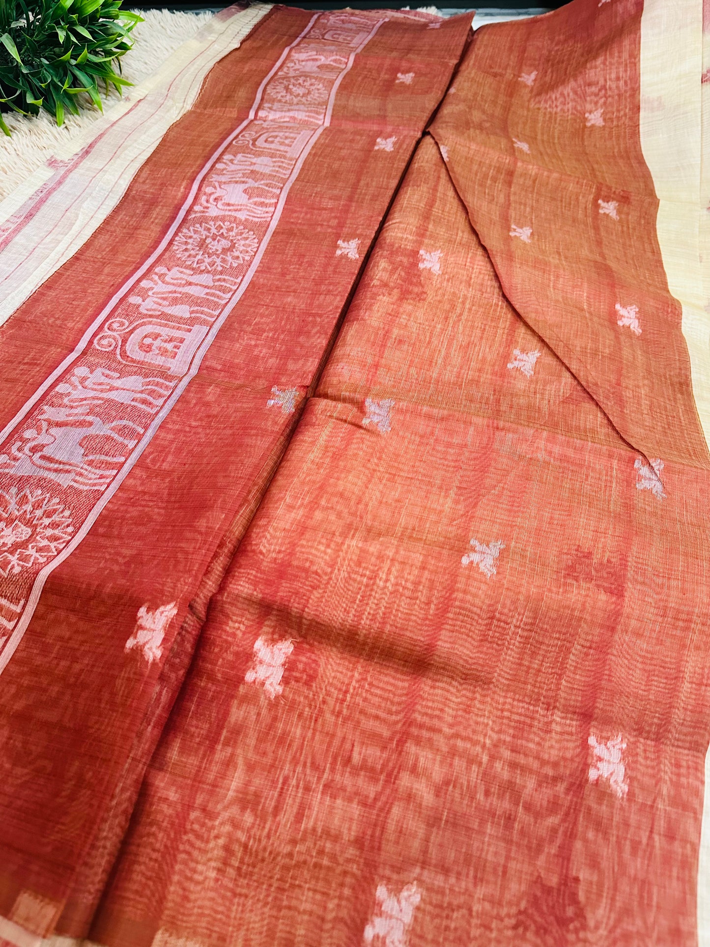 Cream and Red Warli Art Cotton Silk Saree
