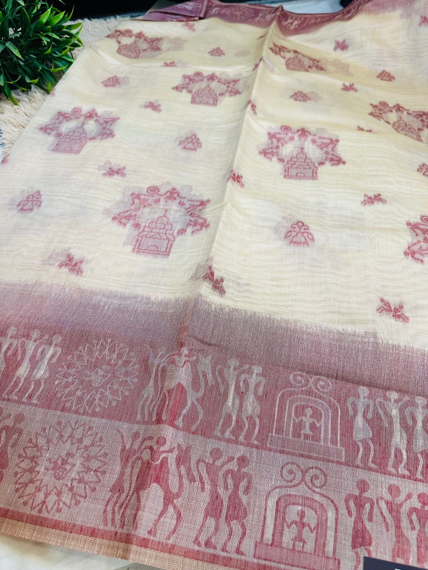Cream and Red Warli Art Cotton Silk Saree