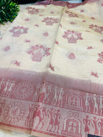 Cream and Red Warli Art Cotton Silk Saree