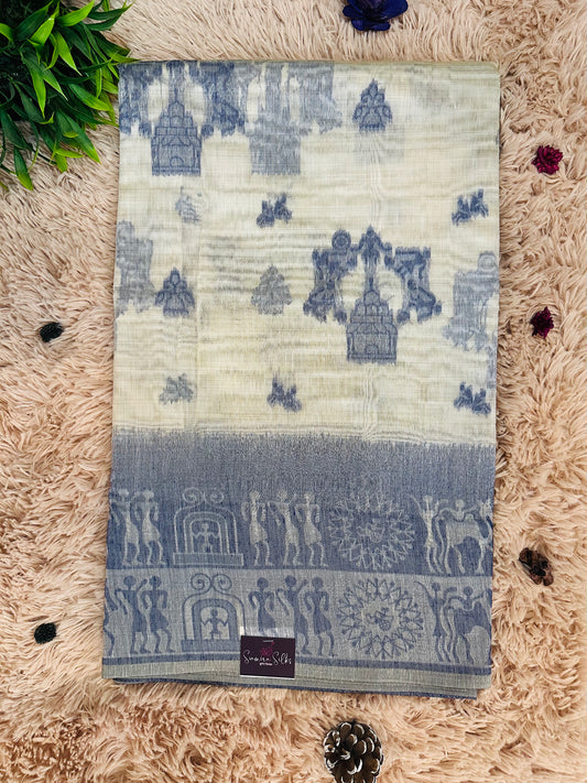 Cream and Navy Blue Warli Art Cotton Silk Saree
