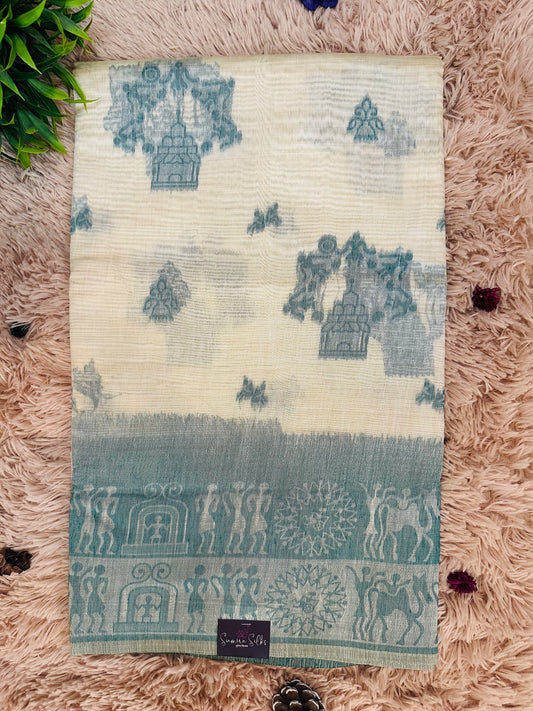 Cream and Teal Blue Warli Art Cotton Silk Saree