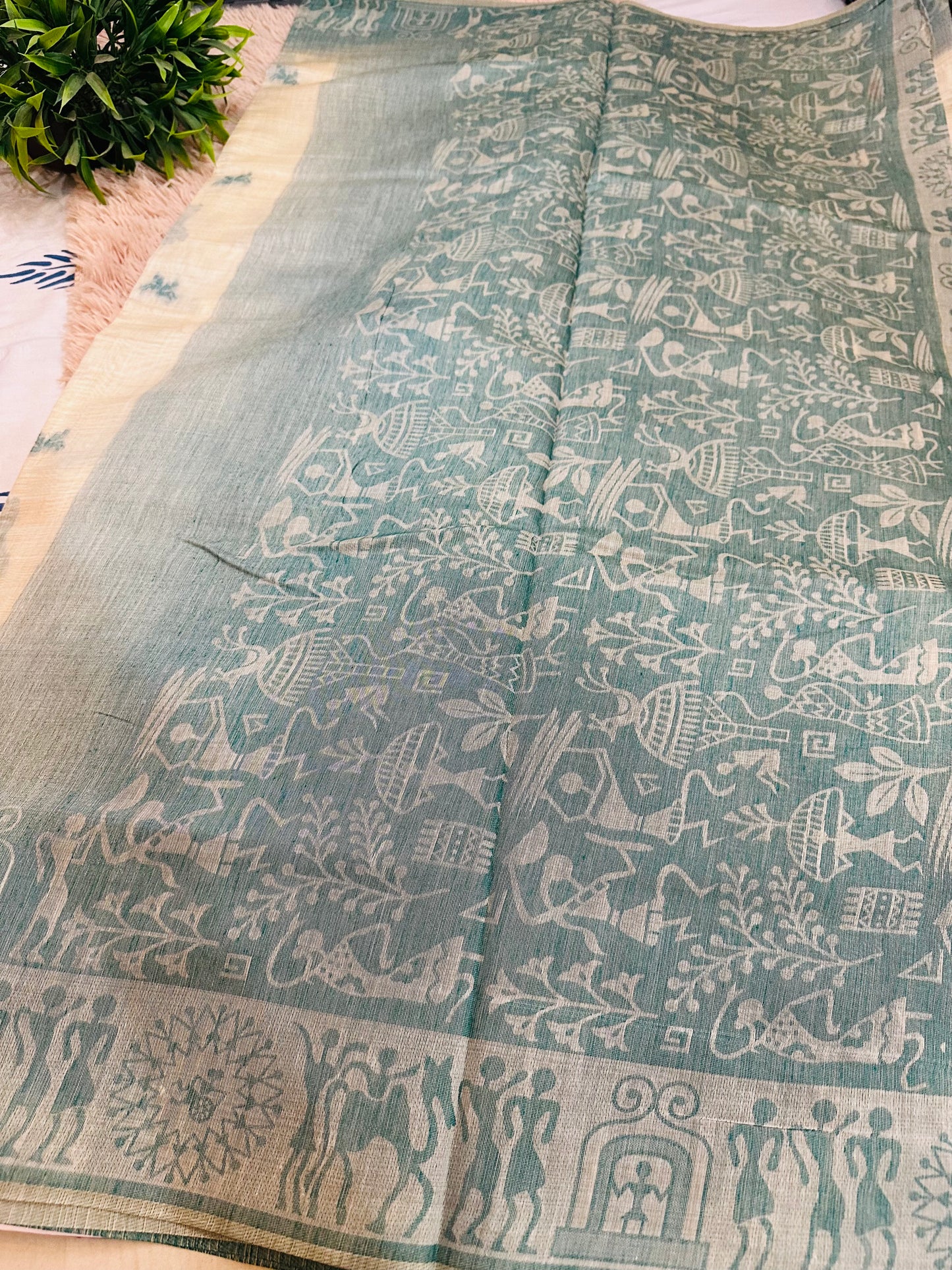 Cream and Teal Blue Warli Art Cotton Silk Saree