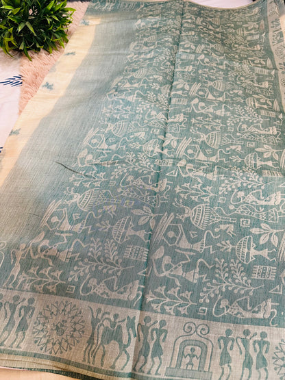 Cream and Teal Blue Warli Art Cotton Silk Saree