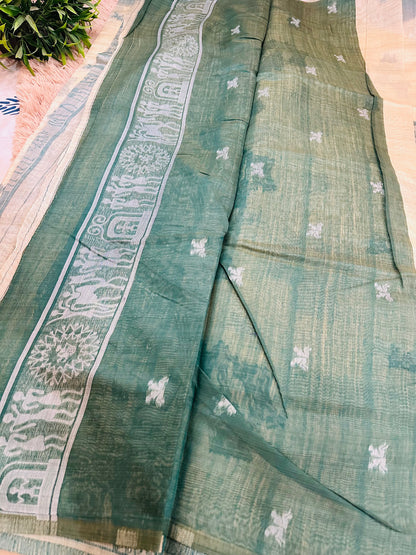 Cream and Teal Blue Warli Art Cotton Silk Saree