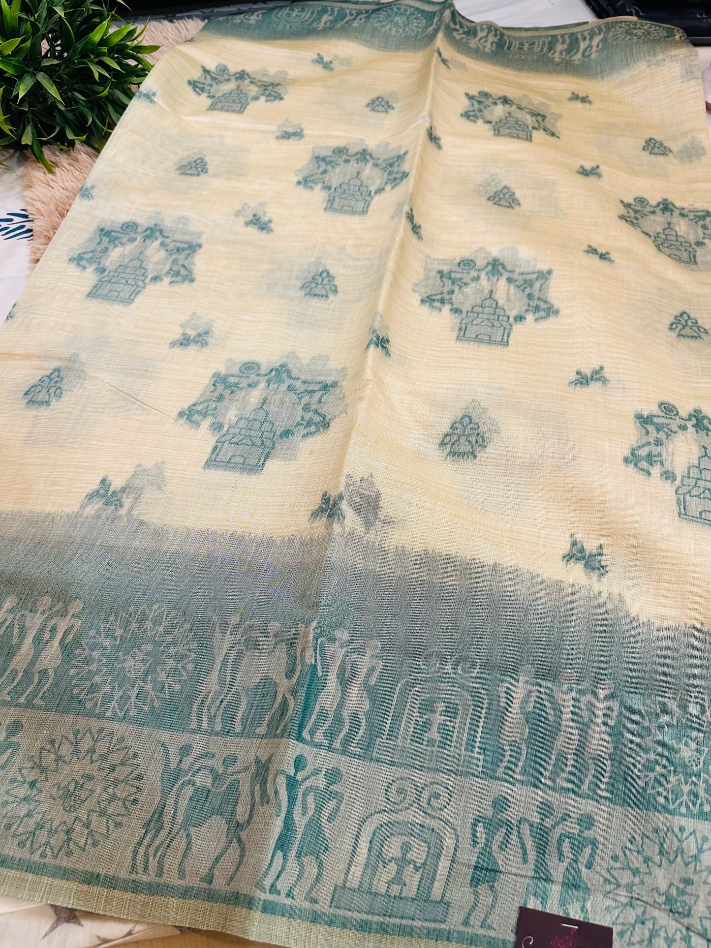 Cream and Teal Blue Warli Art Cotton Silk Saree